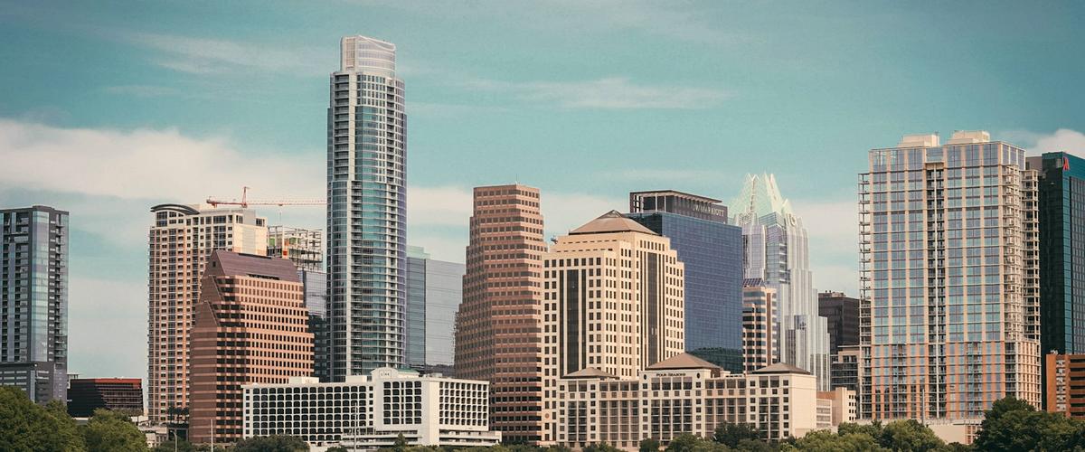 Downtown Austin, Texas skyline on a sunny day, seen across Lady Bird Lake